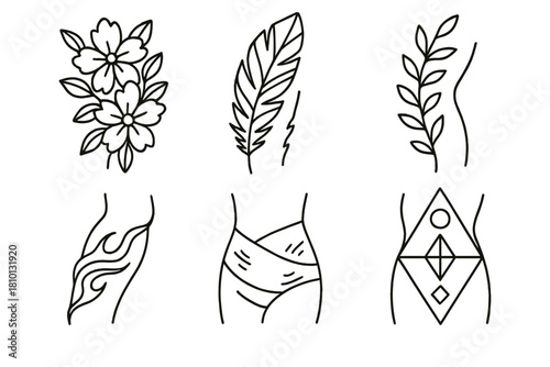 Scar Tattoo Icons. Line style icons of scar cover-up tattoos: soft floral scar mask, feather fill over scar, leaf-trail camo,