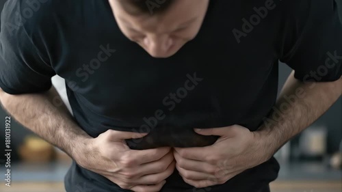 Man chest strain: torso clutch, stomach ache, intestine tension, cardiac throb, emotion hurt, body signal, organ distress, muscle spasm, pulse shift, nerve flare, inner warning, pain concept,