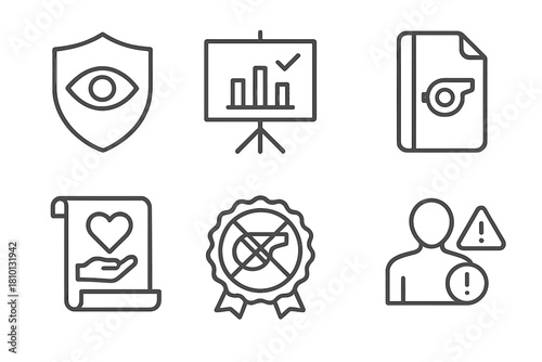Ethics Icons Collection. Line style icons of ethics and accountability: transparency shield icon, governance audit chart,