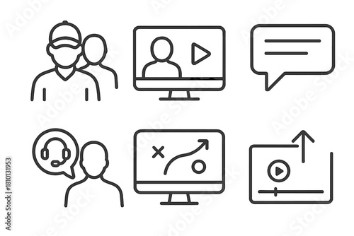Training Session Icons. Line style icons of one-on-one training sessions: coach and player avatar icons, private video review