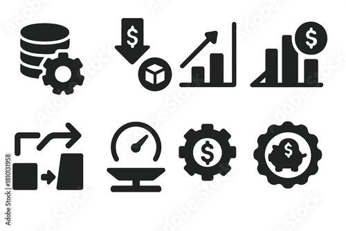 Micro-Manufacturing Efficiency Icons. Solid style icons of cost efficiency in micro-manufacturing: coin stack with gear, value per
