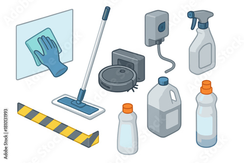 Cleaning Tools Isometric Design. Isometric vector illustration set of Cleaning Services: glass polishing cloth, mop with metal