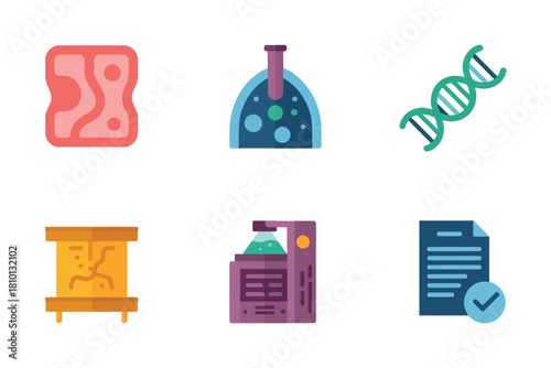 Biology lab elements, intestine symbol, laboratory flask, dna strand, heating mantle, incubator device, checklist sheet, education vector
