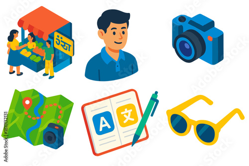 Cultural Immersion Icons. Isometric vector illustration set Language learning – cultural immersion scene, street market, signage
