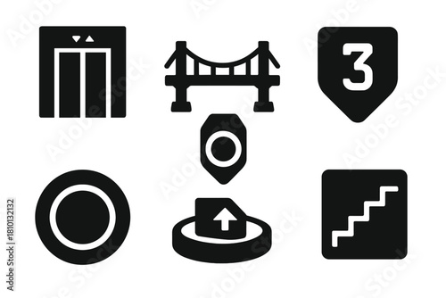 Mega Corridor Icons. Solid style icons of multi-level mega corridors: elevator door glyph, suspended bridge icon, zone badge.