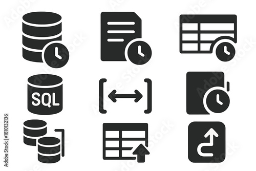 Temporal Database Icons. Solid style icons of temporal databases: clock in database cylinder, time-indexed record icon, historical