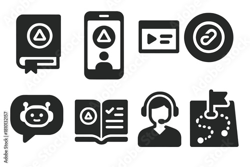 DAO Learning Icons. Solid style icons of DAO education and onboarding: guidebook with DAO logo, onboarding screen icon, tutorial