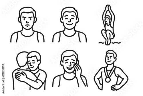Emotional Diving Icons. Line style icons of emotional moments in diving: pre-dive focus face, post-dive relief expression, joy