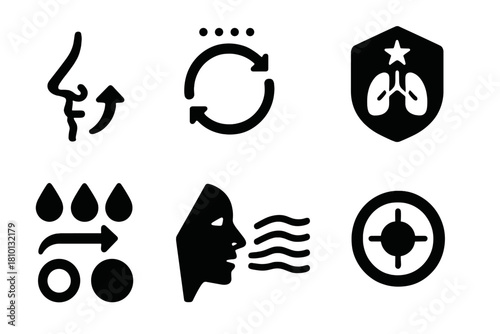 Guided Breathwork Icons. Solid style icons of guided breathwork: nose + arrow icon, inhale/exhale tracker, calm lung badge. Breath