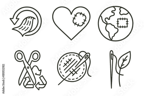 Upcycled Fashion Icons. Line style icons of upcycled fashion symbols and icons: looping fabric arrow, stitched heart patch,