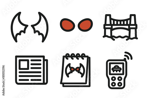 Cryptid Research Icons. Line style icons of Cryptid Research: Mothman wings, glowing red eyes, abandoned bridge, old newspaper,