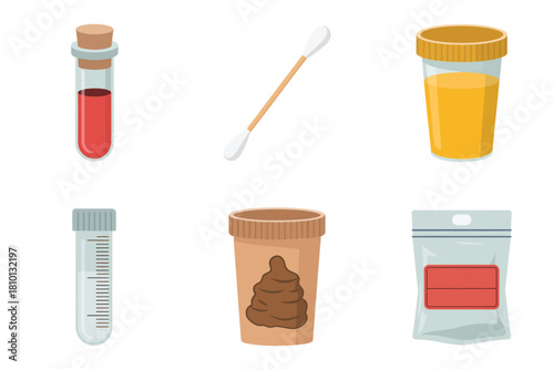 Medical sample kit, top blood vial, sterile swab applicator, prescription bottle, test tube, stool container, transport bag vector