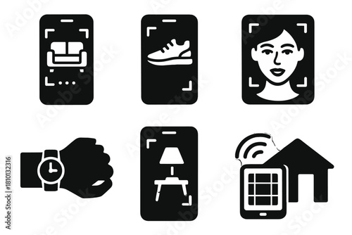 AR Product Icons. Solid style icons of AR product experiences: furniture with AR overlay, phone with virtual shoes, beauty try-on