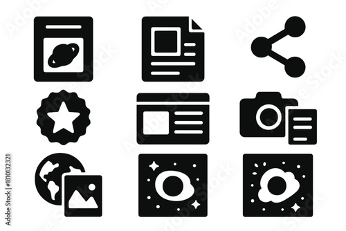Press Visual Icons. Solid style icons of press and publication visuals: magazine with black hole image, front-page reveal slab,