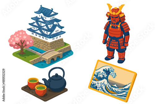 Japanese Iconic Landmarks. Isometric vector illustration set Historical monuments – Himeji Castle keep, white plaster walls, tiled