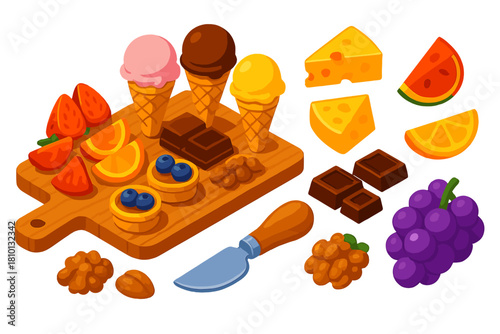 Dessert Charcuterie Board. Isometric vector illustration set Ice cream and desserts – dessert charcuterie board, cheese slices,