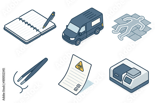 Forensic Science Tools. Isometric vector illustration set Forensic science: forensic notebook with pen, mobile forensic lab van,