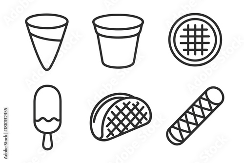 Ice Cream Pack Icons. Line style icons of edible ice cream packaging: cone sleeve, cookie cup, wafer disk lid, frozen chocolate