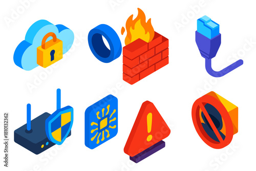 Data Privacy Icons. Isometric vector illustration set Data privacy – cloud with padlock, VPN tunnel, firewall wall; network cable,