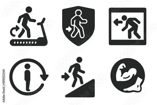Backward Motion Icons. Solid style icons of backward motion training: reverse treadmill icon, movement drill badge, obstacle