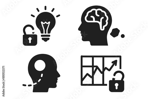 Idea Vault Breach Icons. Solid style icons of idea vault breaches: broken lock with bulb, breached braincase glyph, exposed