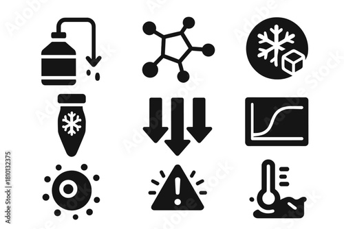 Cryopreservation Icons. Solid style icons of vitrification process: liquid nitrogen flow, anti-ice molecule, frozen tissue symbol.