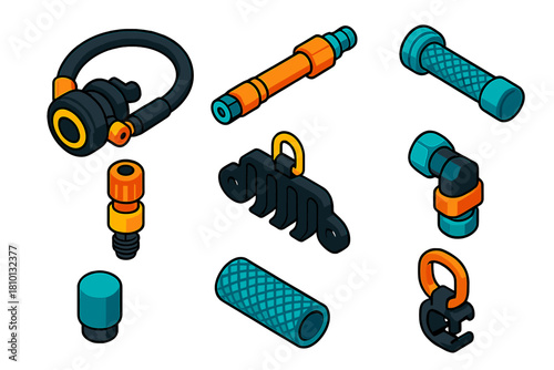 Vibrant Diving Gear Icons. Isometric vector illustration set Underwater diving gear – regulator hose set, LP hose, HP hose;