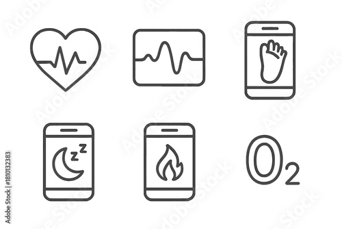 Body Performance Icons. Line style icons of body performance tracking: heart rate monitor, HRV graph, step counter, sleep score