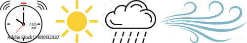 Flat Icon Set Featuring Time, Sun, Rain, and Wind