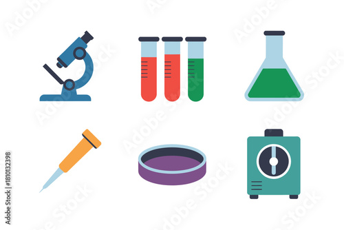 Microscope and glassware icons set, test tubes rack, conical flask, syringe dropper, petri dish, electric hotplate