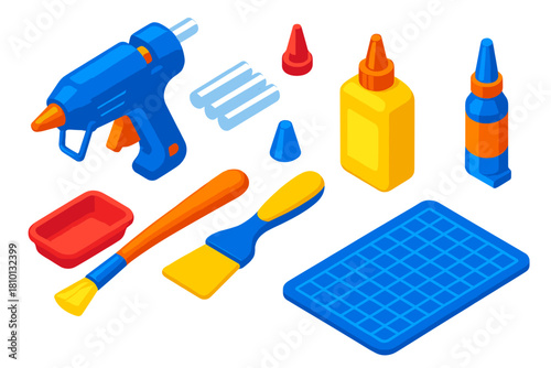 Art Glue Supplies. Isometric vector illustration set Art supplies – glue gun, hot glue sticks, silicone tip; PVA glue bottle,