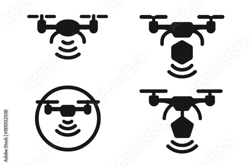 Drone Acoustic Levitation Icons. Solid style icons of drone-based acoustic levitation: UAV with ultrasound emitters, levitating