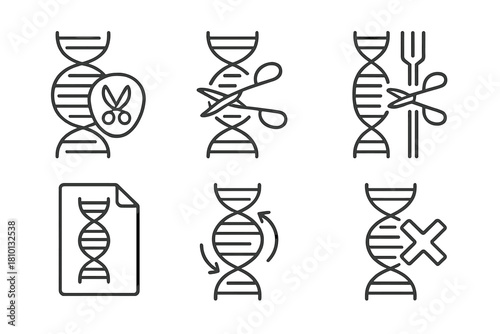 Gene Editing Icons. Line style icons of gene editing tools: CRISPR-Cas9 complex, TALEN icon, zinc finger nuclease, guide RNA file,