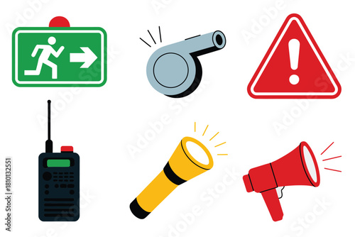 Emergency response icons, exit sign board, safety whistle, danger triangle, walkie talkie radio, flashlight torch, megaphone speaker