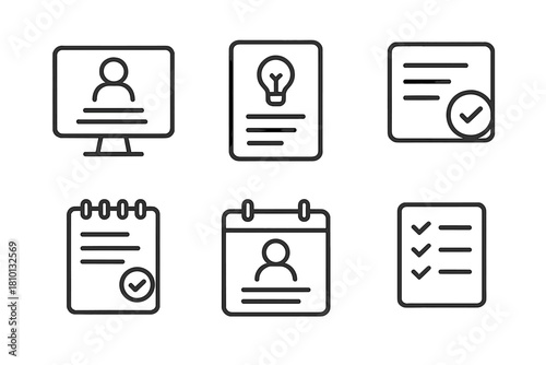 Review & Retention Icons. Line style icons of review and retention: recap screen icon, concept refresher flashcard, summary tile,