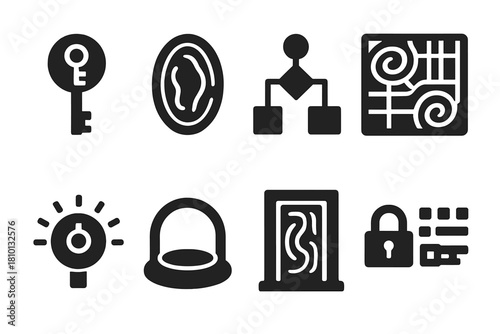 Interdimensional Access Icons. Solid style icons of interdimensional access tools: quantum key icon, portal ring badge, access