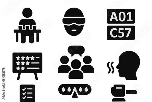 Taste Testing Icons. Solid style icons of taste testing panels: panelist at table, blindfold icon, sample codes. Rating board,