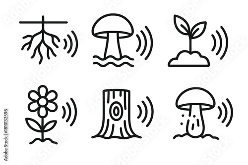 Fungi and Plant Acoustics. Line style icons of fungi and plant acoustics: root click sound, mushroom growth vibration, plant