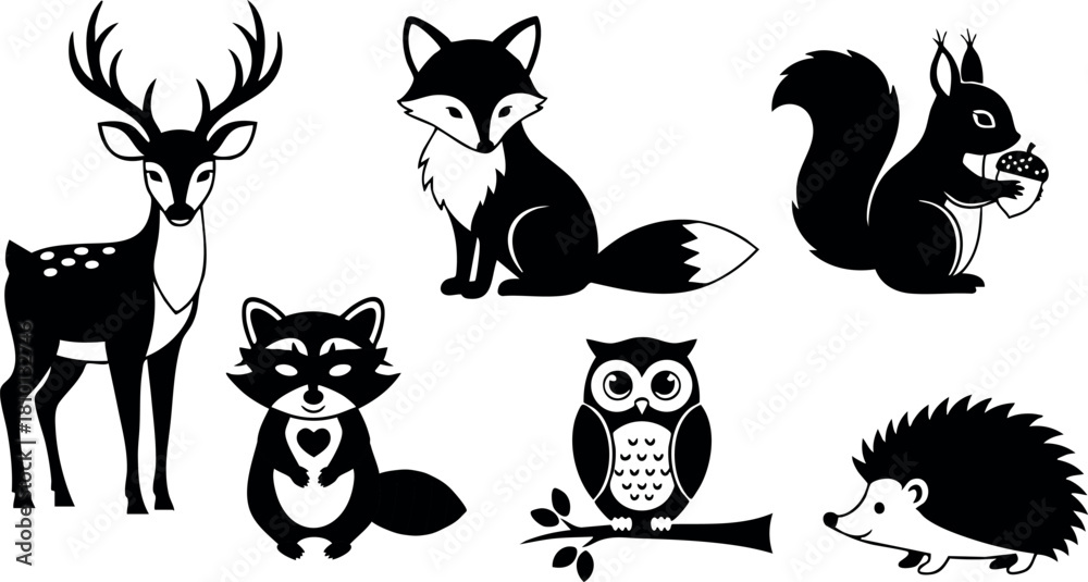 Obraz premium Forest animals collection cartoon style deer fox raccoon owl squirrel hedgehog vector illustration