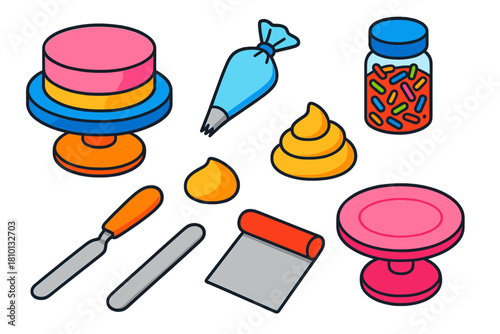 Cake Decorating Tools. Isometric vector illustration set Cooking techniques – cake decorating turntable, piping bag, star tip;