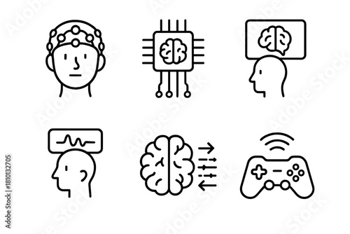 Brain-Controlled Prosthetics Icons. Line style icons of brain-controlled prosthetics: EEG cap, neural implant chip, thought