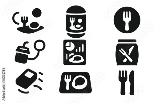Space Dining Icons. Solid style icons of in-orbit dining spaces: floating tray glyph, meal capsule icon, fork badge. Tethered