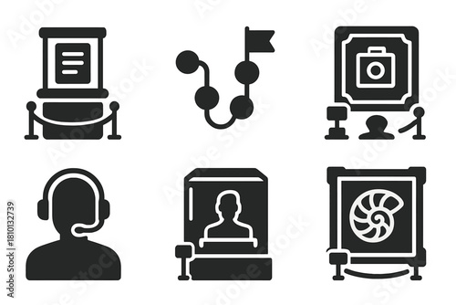 Business Museum Icons. Solid style icons of business museum concepts: display case with contract, corporate timeline path, old