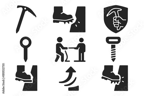 Ice Climbing Icon Set. Solid style icons of ice climbing techniques: ice axe glyph, foot kick icon, grip badge. Anchor ring, belay
