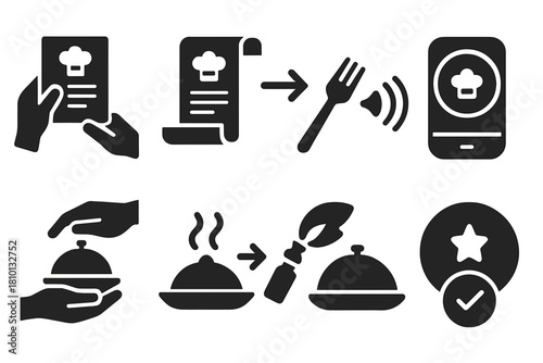 Food Legacy Icons. Solid style icons of food legacy transfer: recipe hand-off icon, scroll to screen transition, flavor relay fork