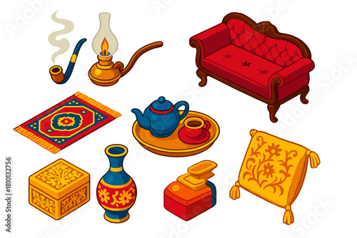 Classic Literature Icons. Isometric vector illustration set Classic literature – opium pipe, smoky lamp, velvet settee; oriental