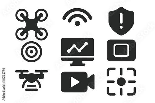Drone Monitoring Icons. Solid style icons of drone monitoring zones: quad drone glyph, overhead scan icon, alert badge. Aerial