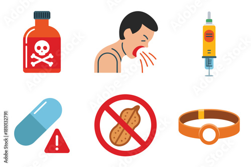 Allergy hazard medical icons, poison bottle, coughing patient, IV drip, pill warning sign, no allergen symbol, safety vector
