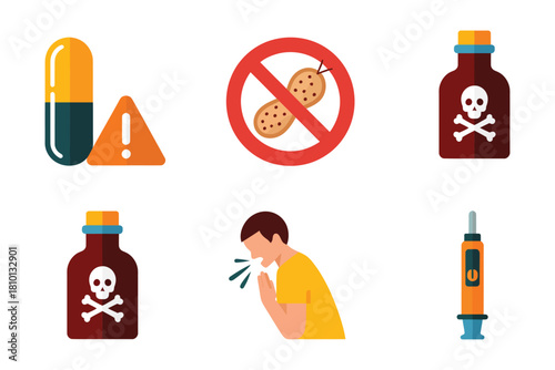 Safety and risk icons, capsule pill warning, no junk food sign, poison bottle, coughing person, vape device hazard