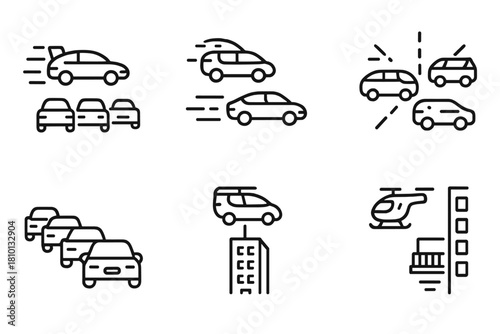 Commuter Icons. Line style icons of commuter scenarios: flying through rush hour, overtaking traffic, air-lane merge, hovering in